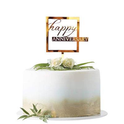 1PC Golden Acrylic Shiny Glass Finish Happy Anniversary Square Design Cake Topper, Cake Insert, DIY Cake Decoration
