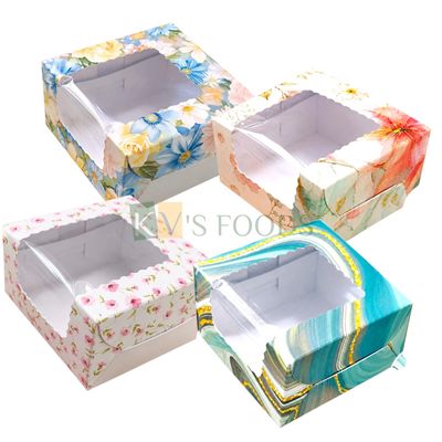 5 PC Set of 1 Brownie Printed Transparent Window Box Size 3*3 Height 2 Inch for Cookies, Chocolates Doughnuts, Finger Food Floral Design Bakery Pacakging DIY Mini Gift box