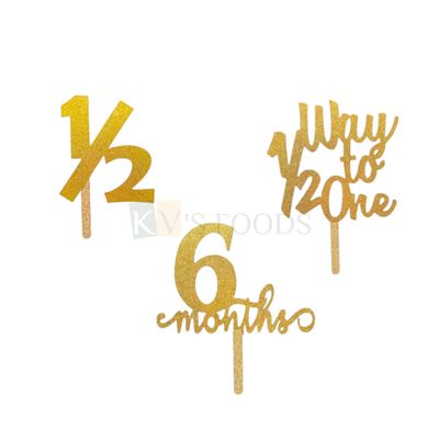 1PC Golden Shiny Glitter MDF 1/2 Half Cake Topper, Happy 6 Months Baby Birthday Cake Toppers, 1/2 Way to One Cake and Cupcake Topper Glitter Inserts, Small Home Celebrations DIY Cake Decorations