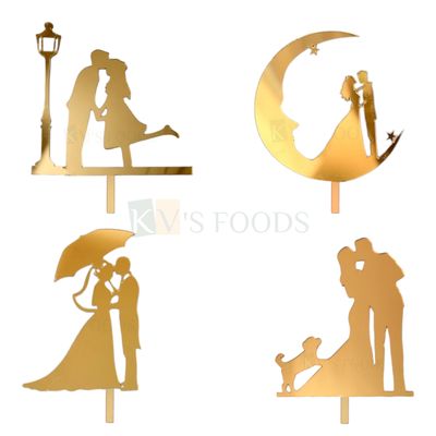 1PC Golden Acrylic Shiny Glass Finish Dressed Up Bride and Groom Kissing each other Cake Topper, Happy Anniversary Cake Topper, Romantic Couple Wedding Engagement Inserts DIY Cake Decorations