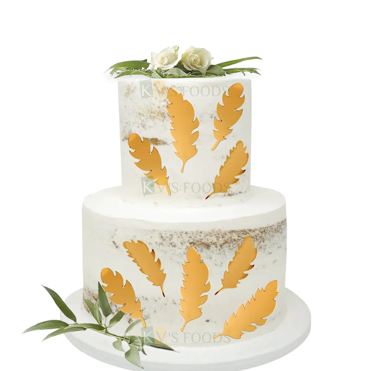 9PC Golden Acrylic Shiny Glass Finish 3 Different Leaf Design Cake Topper Garden Feathers Theme Wedding Anniversary Cake Topper Happy Birthday Side Edge Cake Topper 2 Tier 3 Tier Cakes Topper