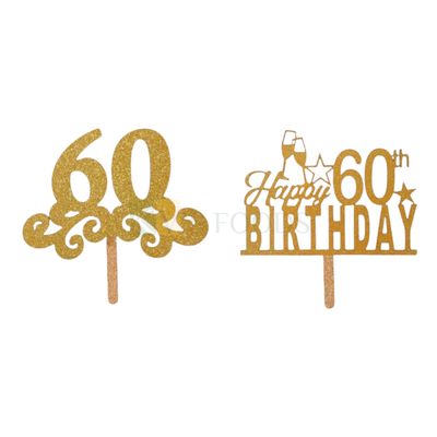 1PC Golden Shiny Glitter MDF Happy 60th Birthday With stars and Cheers Glass Cake Topper, 60 Number, Sixty Number Theme Cake Glitter Insert 60 Years Old Birthday Party, DIY Cake Decoration Celebration