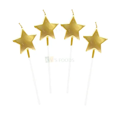 4 PCS Shiny Golden Colour Star Shape Wax Candles Cake and  Cupcake Inserts Wedding New Years Cakes Decorations Happy Birthday Party Theme Metallic Cake Candles DIY Cake Decorations