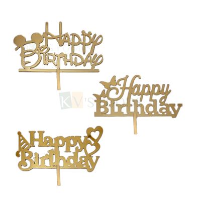 10PCS Small 3'' Golden Acrylic Shiny Glass Finish Happy Birthday Letters Half Kg Cake Topper, Kids Girls Birthday Party Cupcake Inserts Unique Elegant Font Designs DIY Cake Decorations