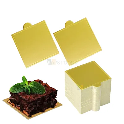 24PCS 3.5 Inch Square Golden Pastry Cake Base Set, Mini Cake Boards Cardboard Mousse Base Cake Paper Board Dessert Plates Pastries Mini Tarts Cupcake Base Displays Tray Decorating Cakes Birthday Theme
