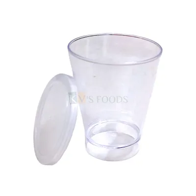 10 PCS  Size 2 x 2 Inch Height 2.6 Inch, Capacity ~ 50 ML Acrylic Mini Shot Glass With Plastic Flat Lid Multi-Purpose Clear Transparent Round Reusable Birthday Christmas Party Glass for Mousse Pudding