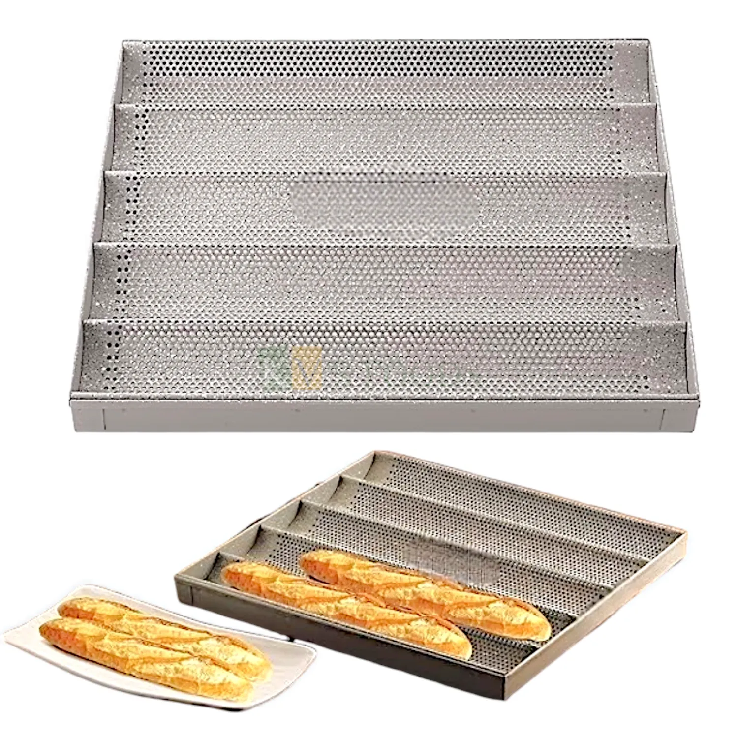 1PC Size 16 x 15 Inch, Height 1.3 Inch 5 Rows Rectangle Aluminium Baguette Tray Bread Loaf Tray Mould, Sandwich Roll Pan, Long French Bread Tray Kitchen Accessories Tools