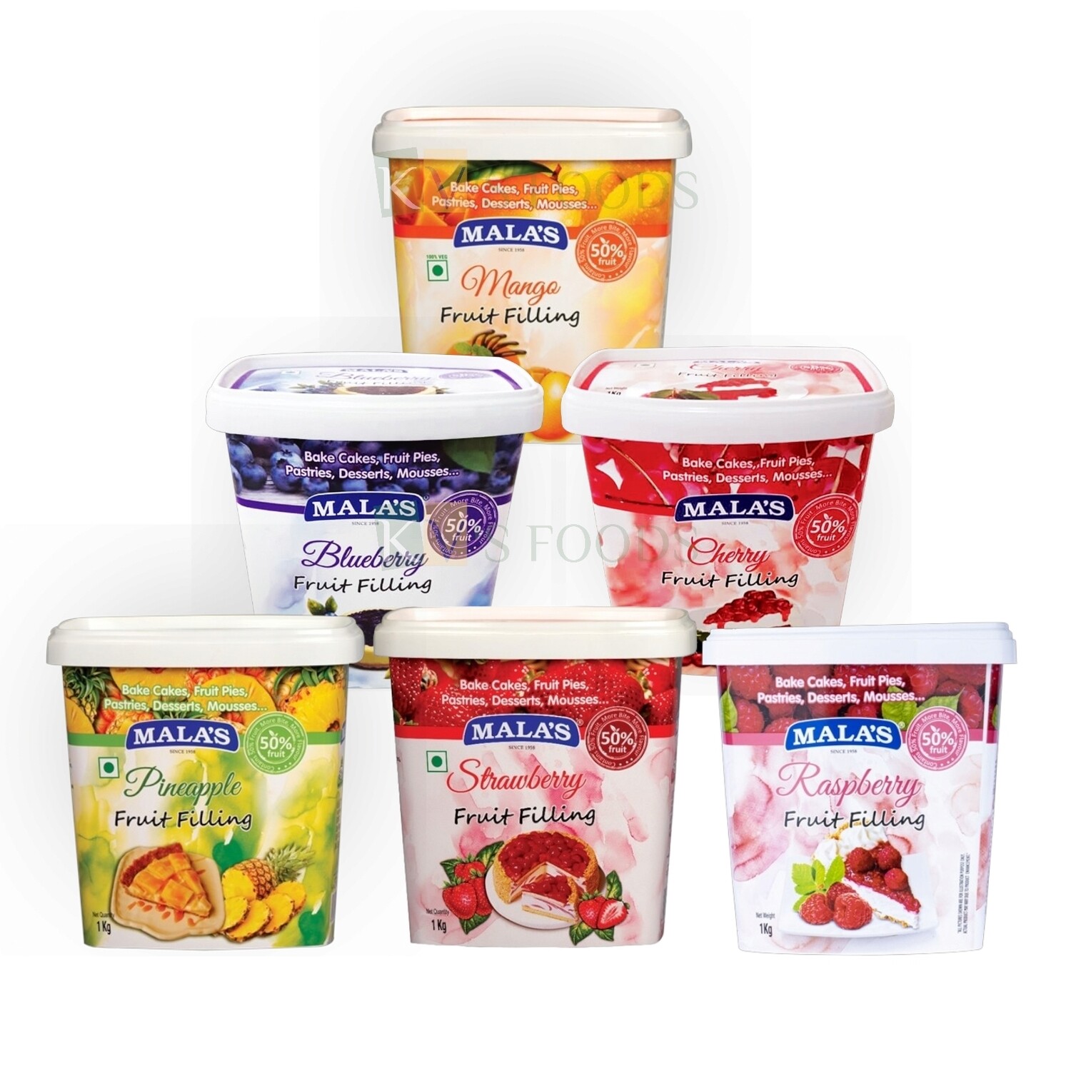 1 Kg Mala's Different Fruit Fillings Flavours Pineapple, Strawberry, Cherry, Mango, Raspberry, Blueberry Fillings for Cupcakes, Pastries, Brownies, Cake Decorations