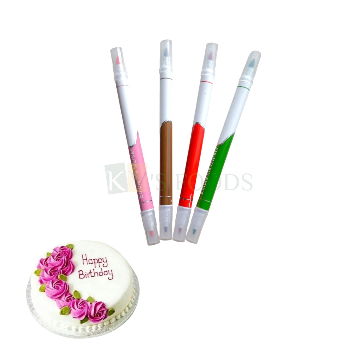 4 PCS Multicoloured Edible Marker Pen for Cakes, Cookies Food Decorating Pen, Brown, Pink, Green, Red Colours for writing message, names Colouring on Birthday Cakes, Wedding Anniversary Fondant Cakes