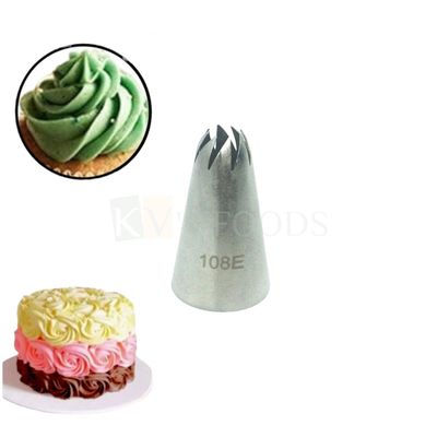 1 PC Stainless Steel Closed Star Icing Piping Nozzle No 108E, Flowers Birthday Wedding Cake Decoration, Tilted 8 Teeth Tip, Frosting, Whipping, Butter Cream, Pastry, Desserts, Cupcake, Kitchen Tools
