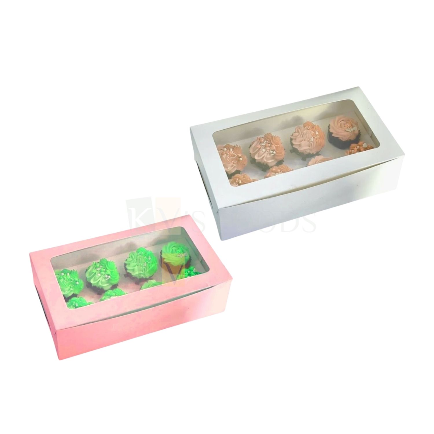 5PCS Set of Peach/White Pastel Colour 8 Pieces Cupcake Box With Transparent Window and 8 Cavity, Box Size 13.6x7.9x4 Inch for Chocolates, Cookies, Biscuits, Macaroon Festival Folding Box