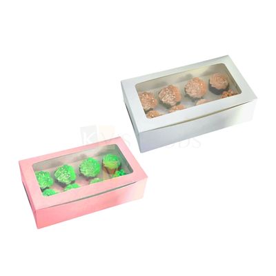 5PCS Set of Peach/White Pastel Colour 8 Pieces Cupcake Box With Transparent Window and 8 Cavity, Box Size 13.6x7.9x4 Inch for Chocolates, Cookies, Biscuits, Macaroon Festival Folding Box