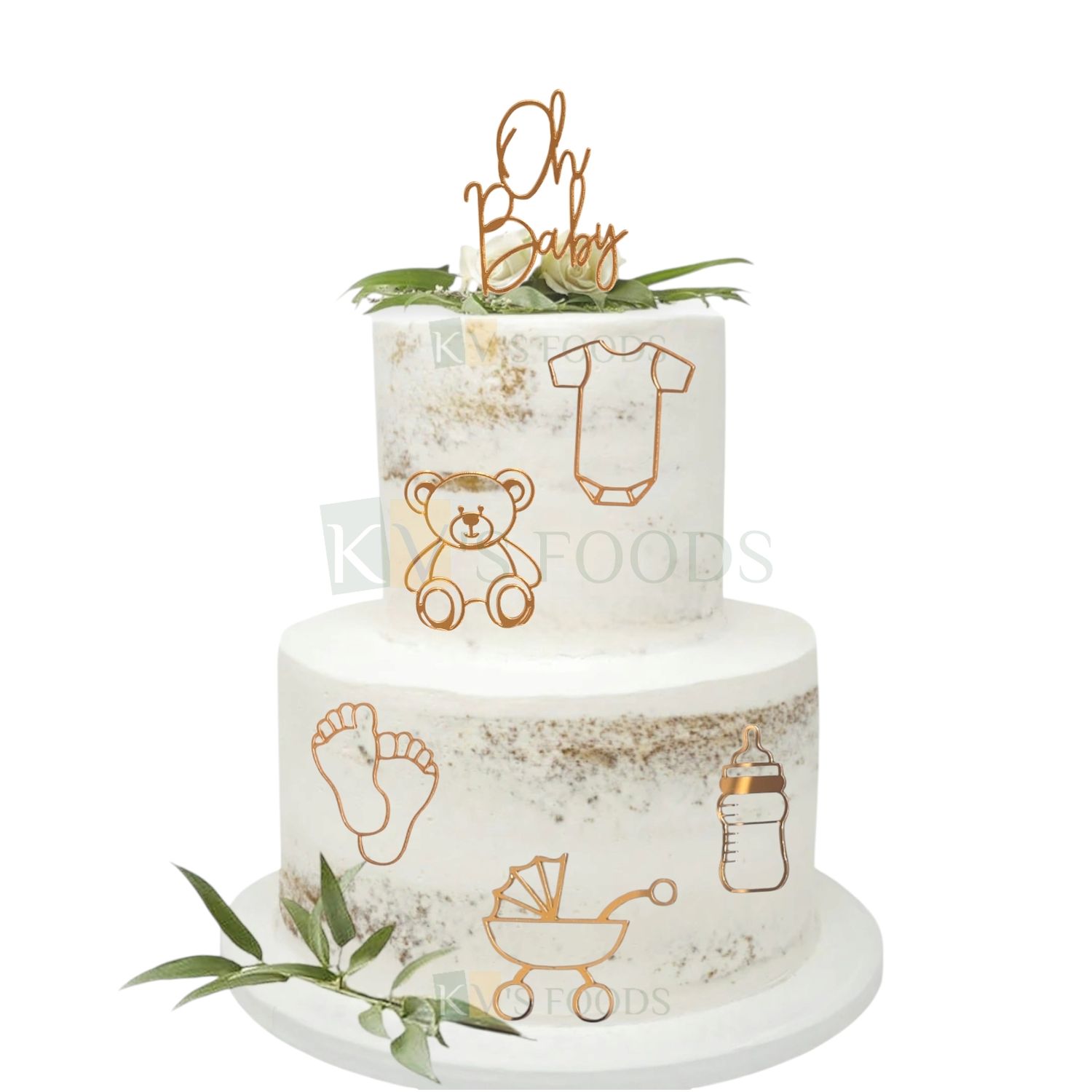 6PCS Golden Acrylic Shiny Glass Finish Oh Baby, Teddy Bear, Bottle, Cradle Baby Onesie, Feets Set Without Stick Cake Topper, New Born Baby Shower Party Theme, Side Cake Outline Toppers Cake Decoration