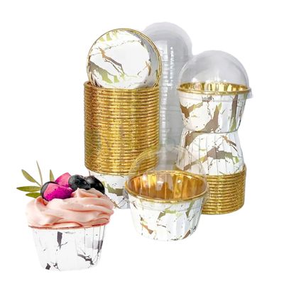 50 PCS Set, 80ML/2.8 OZ, Small Colorful, Golden Foil Disposable Cupcake Liner With Dome Lids, Mini Bake &amp; Serve Pans, Aluminium Foil Baking Cups for Cupcakes, Mousses, Pudding Containers, Curled Edges