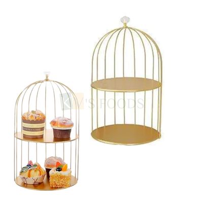 1 PC Golden Height 17.5 Inch Metal Cage Design Cake Cupcake Stand 2 Tier Plates, Muffins, Desserts, Pastry Snacks Holder, Display Storage Rack, Birthday, Baby Shower Wedding Reception Event Tableware