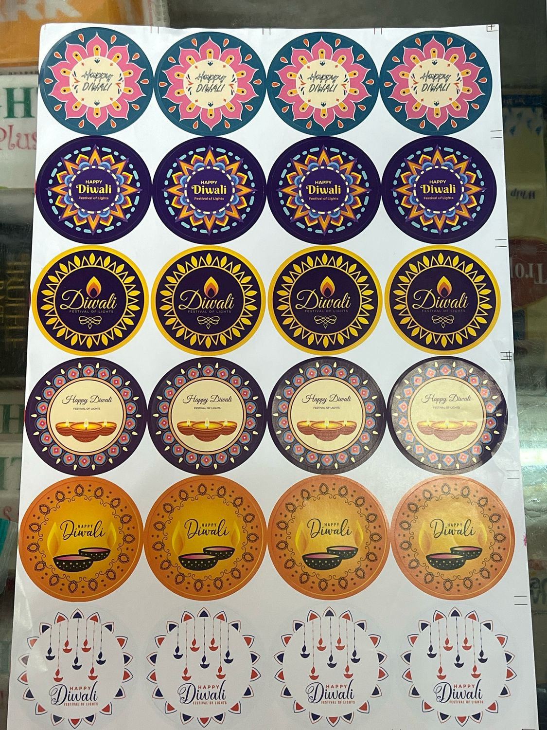 24 Happy Diwali 2.2 Inch Circle Stickers in a Sheet, for Chocolates, Sweet Packaging, Colourful Designs Happy Diwali Message with Elegant Graphic Stickers for Customized Chocolate, Gift Hamper Sticker