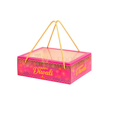 1 PC Pink Happy Diwali Printed Design Multipurpose Chocolate Hamper Box with Transparent Window, Box Size 10x8x3 Inch, Premium Festival Gifts Hamper Bags with Clear Lid and Golden Rope Handle