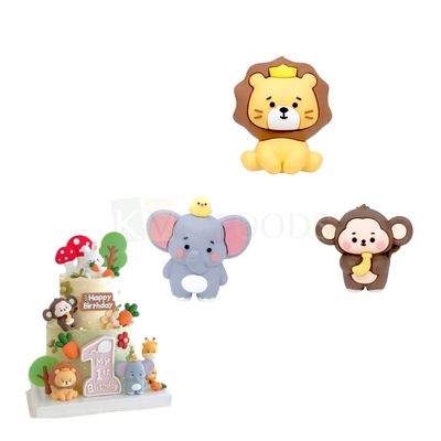 3 PCS Animals Zoo Lion Elephant, Monkey Toy Set, 3D Cake Topper Kids Girls Boys Birthday Cute Miniatures Cartoon Animal Carnival Theme, First Birthday Jungle Adventure Theme, Wonder Creatures Theme