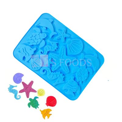 1 PC Sky Blue 13 Cavity Marine Theme Goldfish Fish Shape Seashell Star fish Turtle Dolphin Shell Seahorse Coral Underwater Sealife Fondant Silicon Mould, Baby Shower Chocolate Side Cake Flexible Molds