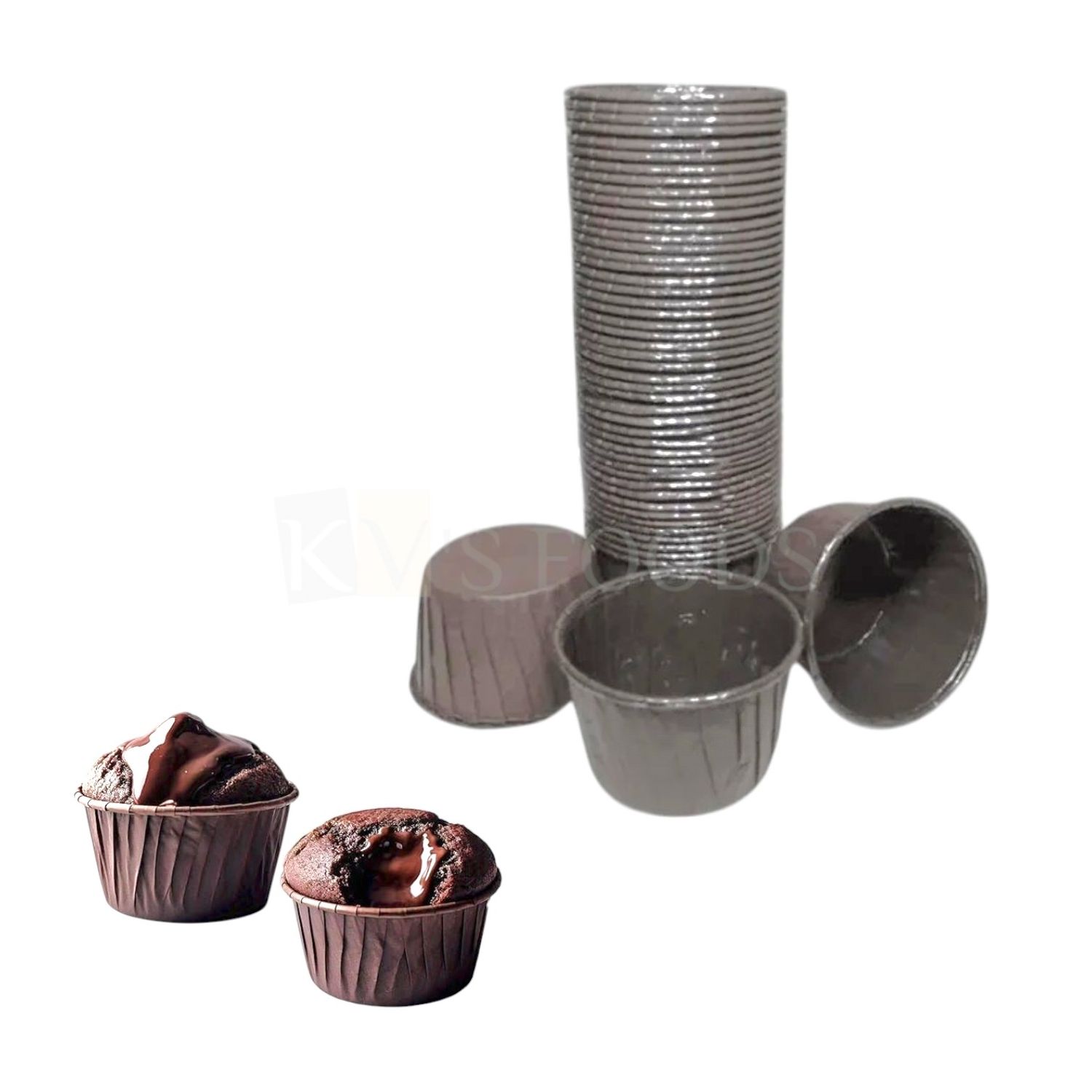 50 PCS Brown Circle Lava Liner, Capacity ~80 Grams, Non stick Cupcake Liner, Bake and Serve, Top Diameter 2.8 Inch Disposable Gift Tray Bakeable Bakeware, Muffins Brownie Cases, Baking Cups