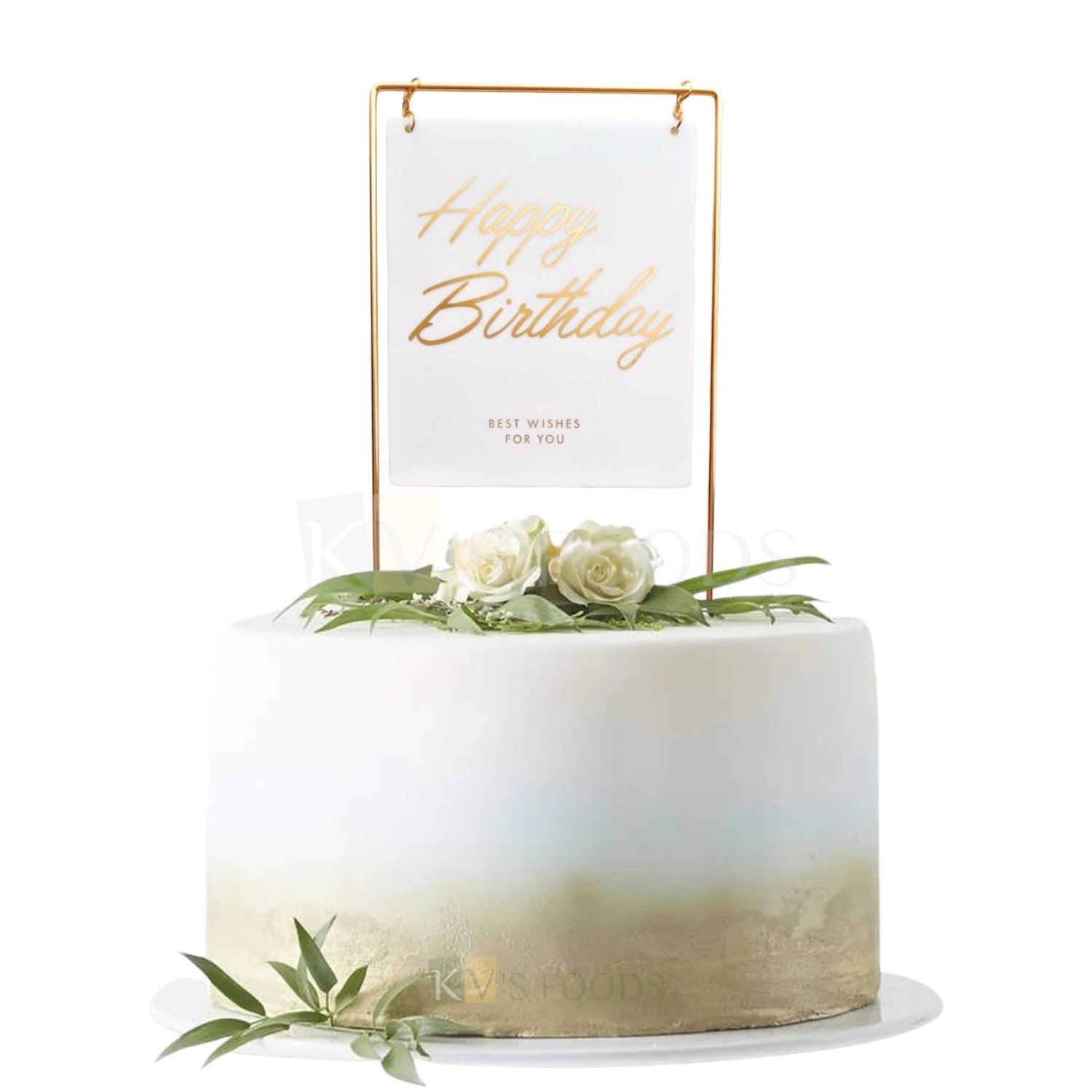 1PC Rectangle White Golden Hanging Happy Birthday Design Cake Topper Unique Elegant Font Design Cake Insert Best Wishes For You message on it, Birthday Theme DIY Cake Decorations