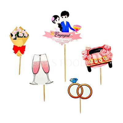 5 PCS Floral Engagement Theme, Couples Banner with Engaged Bouquet, Rings, Cheers Glass, Cake Toppers, Cupcake Inserts, Love Theme, Decorations Items/Cake Accessories, Tags Cards, Toothpick Topper