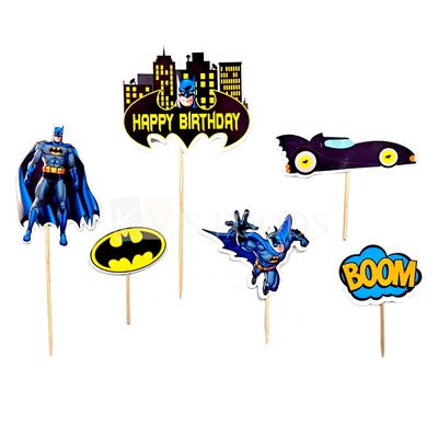 6 PCS Batman Theme, Logo, Happy Bithday Banner, Car Cake Topper Cartoon Inserts, Cupcake Toppers for Kids Boys Friends, Birthday Decorations Items Cake Accessories, Tags, Cards, Cake Toothpick Toppers