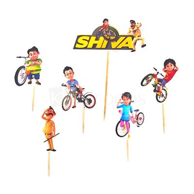 6 PCS Shiva Cartoon Characters Theme Bicycle Cake Topper Insert Cupcake Toppers for Boys Friends Happy Birthday Decorations Items Cake Accessories, Tags, Banners, Cards, Toothpicks Toppers
