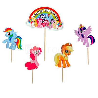 5 PCS My Little Pony Cartoon Characters Theme with Rainbow Balloons Happy Birthday Banner Cake Topper Insert, Cupcake Toppers Bday Decorations Items/Cake Accessories, Tag, Cards, Cake Toothpick Topper