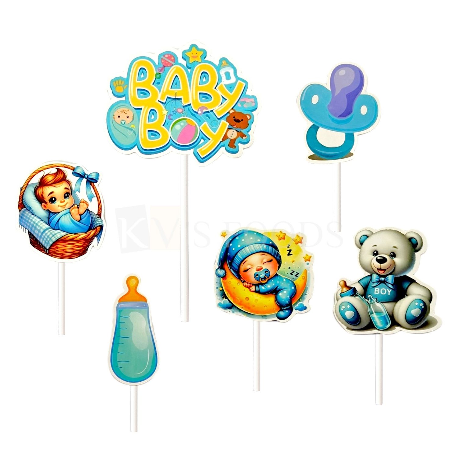 6 PCS Sky Blue Baby Boy Banner Cake Topper Kids Boys Baby Shower Theme, Teddy, Milk Bottle, Baby in Basket, Pacifier White Inserts, Paper Cutouts, Cake Topper DIY New Born Occassion Cake Decorations