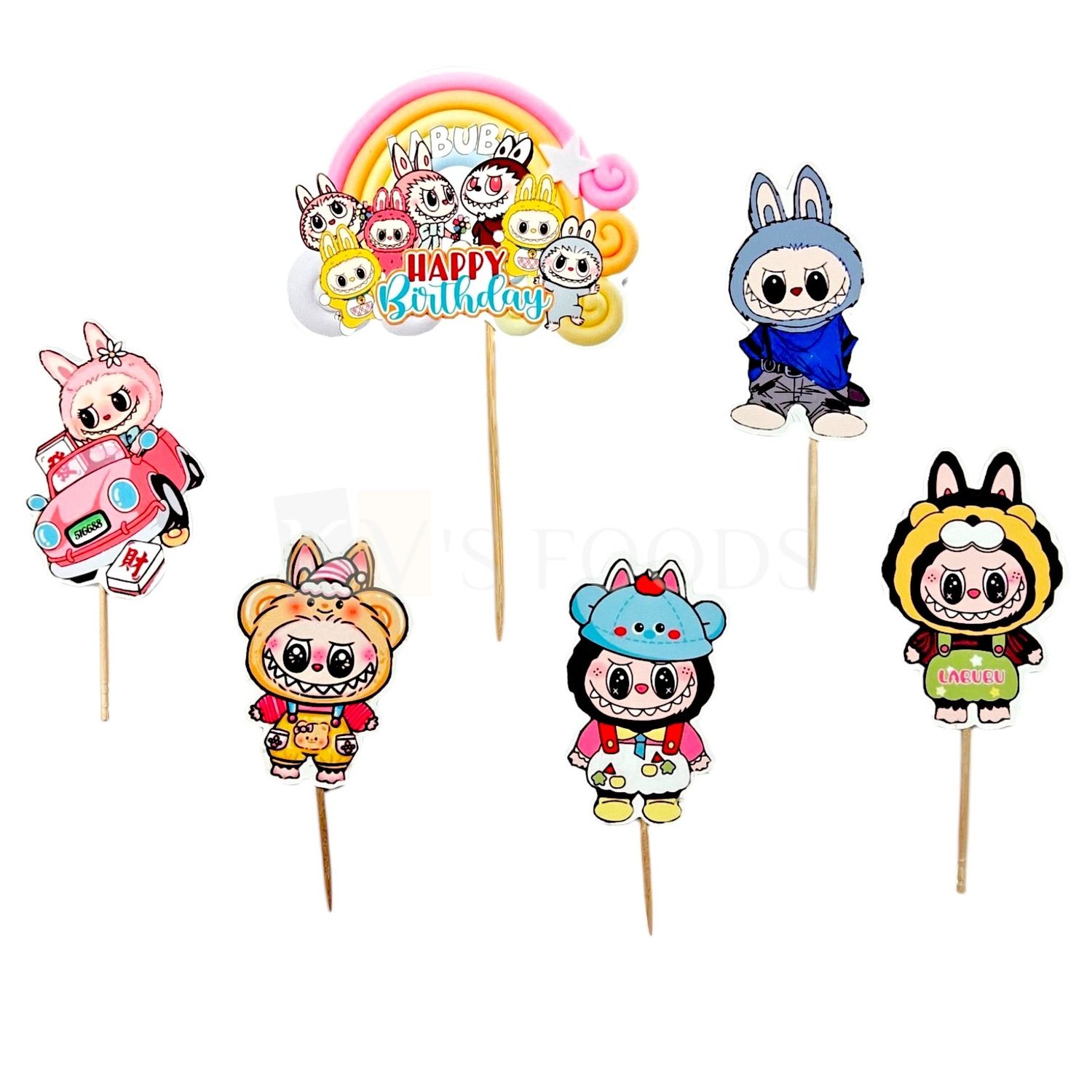 6 PCS Labubu Cartoon Characters Theme Cake Topper Insert Cupcake Toppers for Girls, Friends Happy Birthday Decorations Items Cake Accessories, Tags, Banners, Cards, Toothpicks Toppers