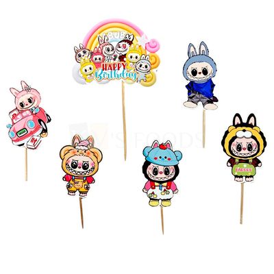 6 PCS Labubu Cartoon Characters Theme Cake Topper Insert Cupcake Toppers for Girls, Friends Happy Birthday Decorations Items Cake Accessories, Tags, Banners, Cards, Toothpicks Toppers