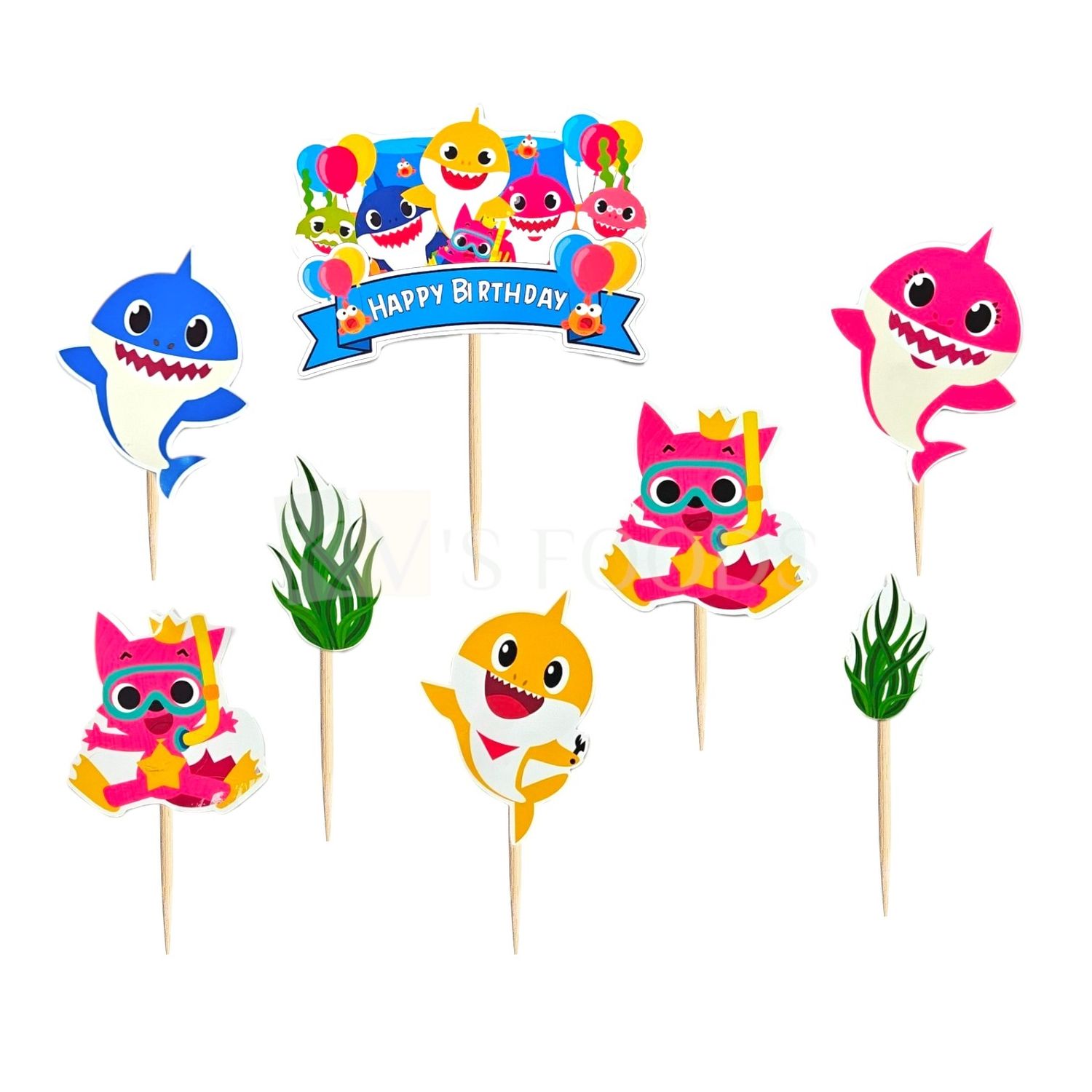 8 PCS Different Cute Baby Shark Family, Seaweed Sealife Underwater Theme Cupcake Insert Toppers for Girls, Friends Birthday Decorations Items Cake Accessories, Tags, Banners, Cards, Toothpicks Toppers