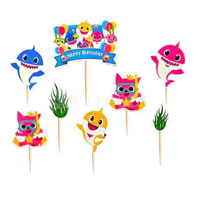 8 PCS Different Cute Baby Shark Family, Seaweed Sealife Underwater Theme Cupcake Insert Toppers for Girls, Friends Birthday Decorations Items Cake Accessories, Tags, Banners, Cards, Toothpicks Toppers