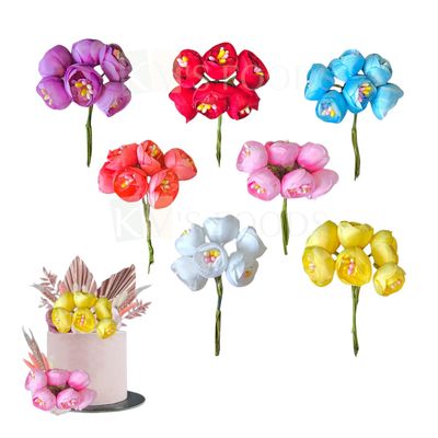 6 PCS Multicolor Small Non-Edible Matka Pollen Flower Bunch with Stem, Length ~1 Inch, for Birthday Wedding Anniversary Engagement Christmas Cake Cupcake Decorations DIY Crafts,  Hair Accessory Decor