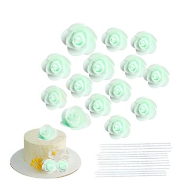 14 PCS Light Green, Different Sizes Non-Edible Artificial Rose, Poeny Foam Flower Head and 14 Metal Wire, for Birthday Wedding, Engagement Christmas Cakes, Cupcake Topper, Inserts, DIY Cake Decoration