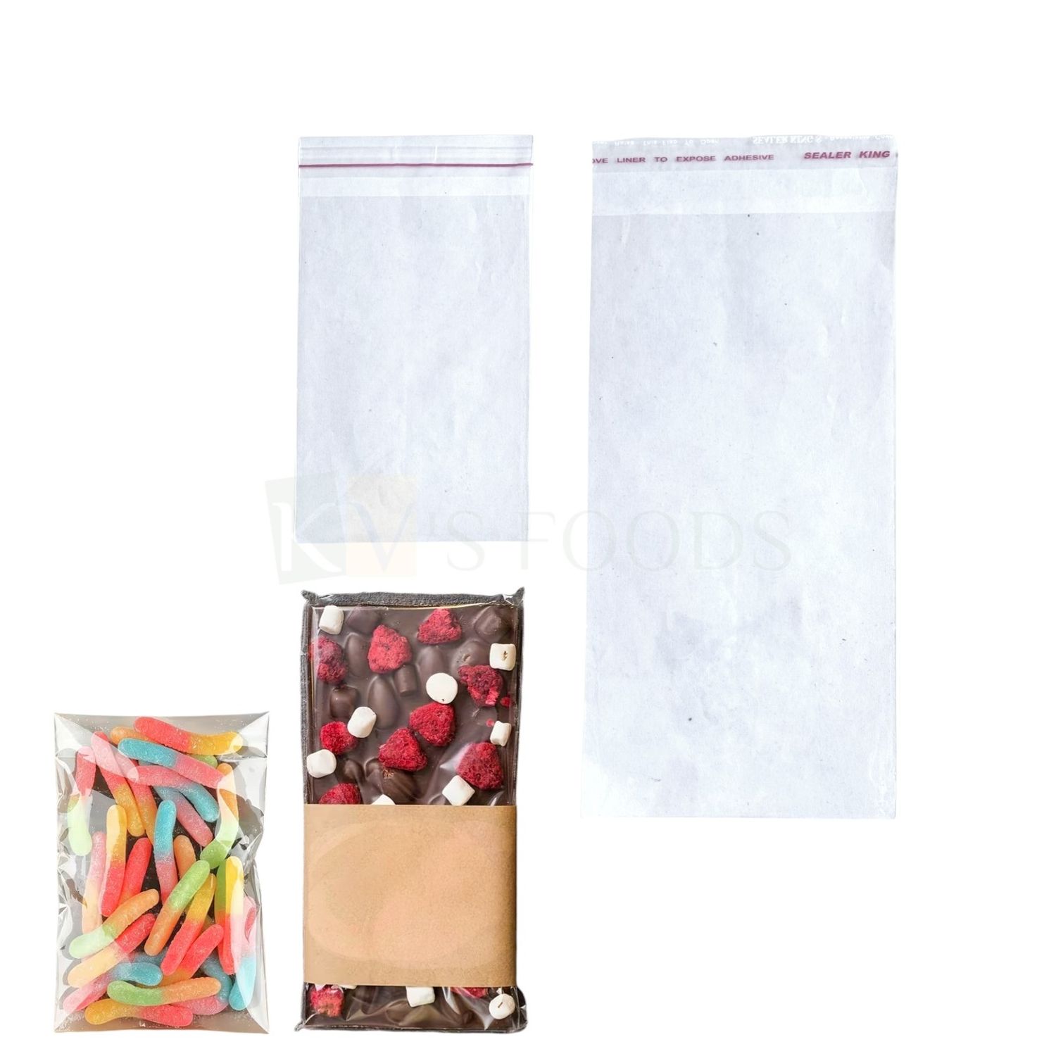 100 PCS Transparent Clear Plastic Cookie Bags Different Sizes (~ 6x4, ~7.8x4 Inch) for Packaging Resealable For Bakery, Adhesives, Candles Soap Biscuits, Plastic Cellophane Bags with self seal strip