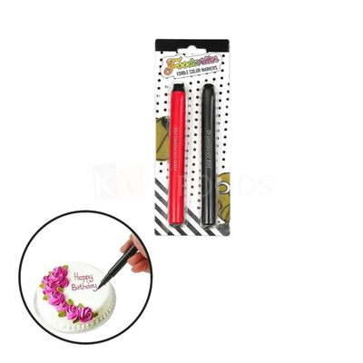 2 PCS Multicoloured Edible Marker Pen for Cakes, Cookies Food Decorating Pen, Black, Red Colours for writing message, names Colouring on Birthday Cakes, Wedding, Engagement, Anniversary, Fondant Cakes