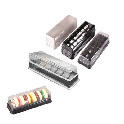 5 PCS Size 7.6 x 2.7 Inch, Height 2 Inch, Rectangle Macaron Tray with Cover, Cookie, Biscuits, Nankhatai Packaging Container with Lid, Bakery Transparent Showcase 6 Grids Box, Mini Donuts Packaging