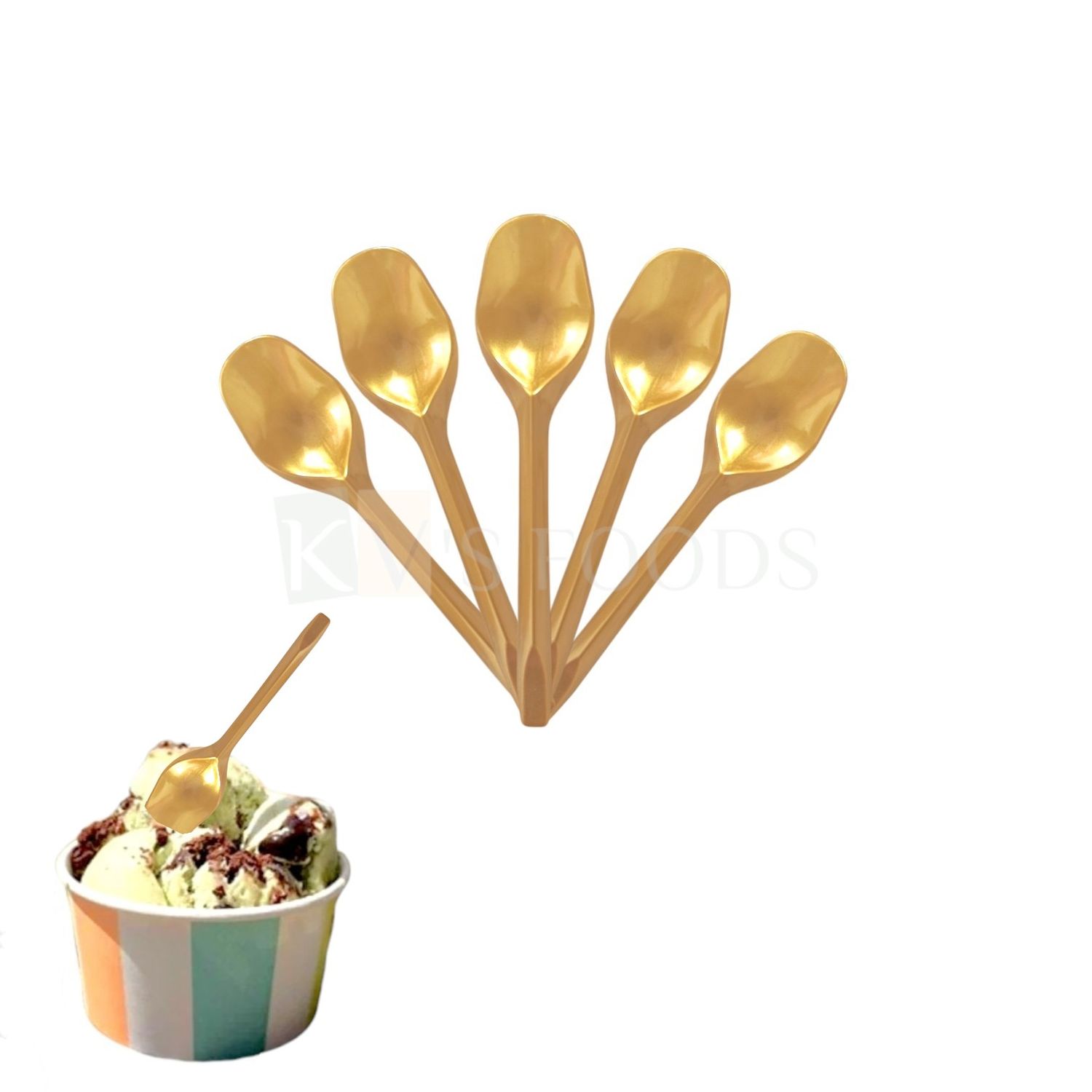 100 PCS Disposable Plastic Golden Colour Ice-cream Spoons Set, Length 4 Inch, Bio-Degradable Eco-friendly for Desserts, Party Catering Takeaway Food Service, Picnic, Bday Weddings Multipurposes Spoons