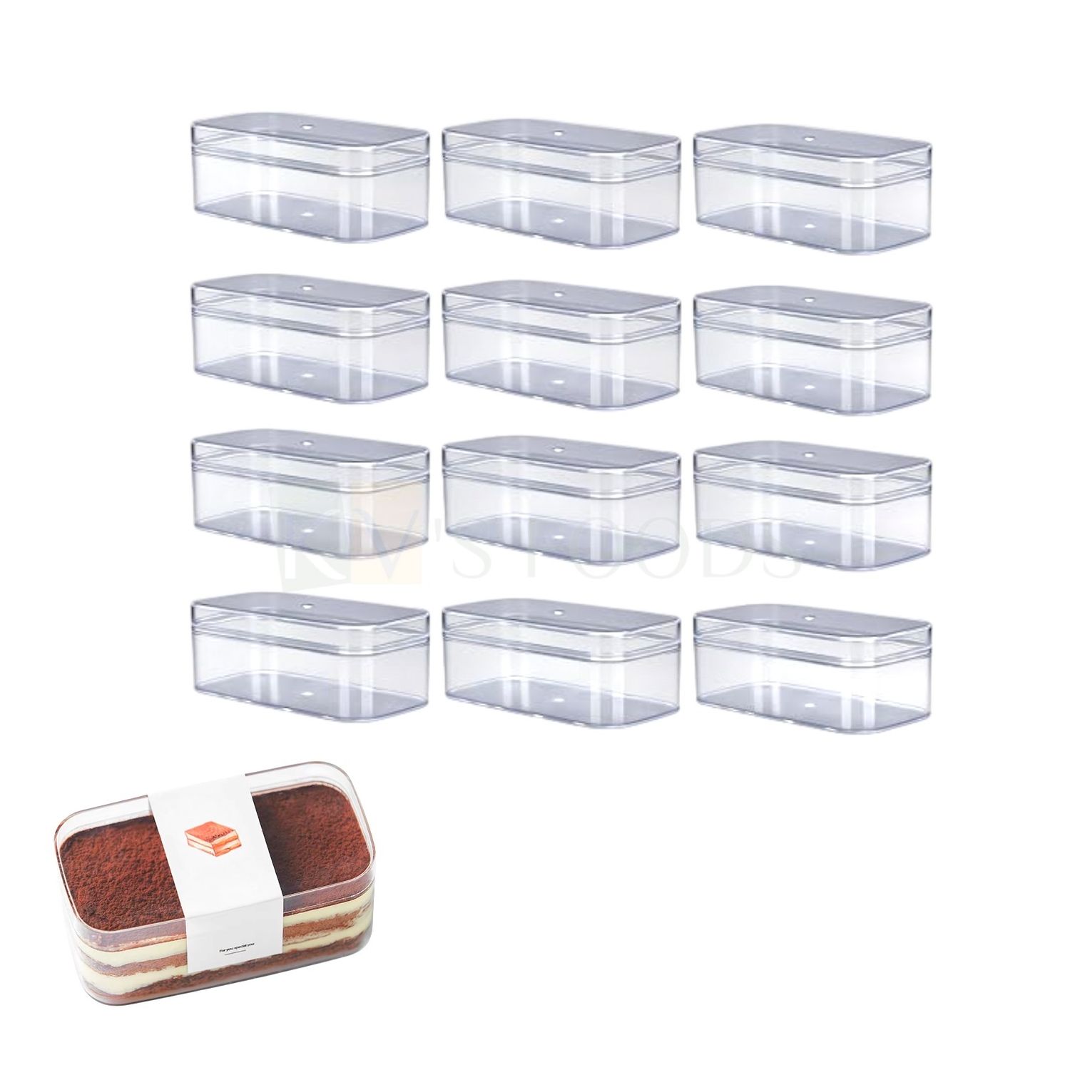 12 PC (N-59) Acrylic Rectangular Cake Tub Container Clear Storage Boxes With Lids Size 4.6 x 2.3 Inch, Height 1.9 Inch Capacity ~ 230 ML Minto Box, Ice-Cream, Cakes Chocolates, Mousse, Dessert Pudding