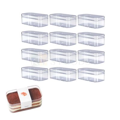 12 PC (N-59) Acrylic Rectangular Cake Tub Container Clear Storage Boxes With Lids Size 4.6 x 2.3 Inch, Height 1.9 Inch Capacity ~ 230 ML Minto Box, Ice-Cream, Cakes Chocolates, Mousse, Dessert Pudding