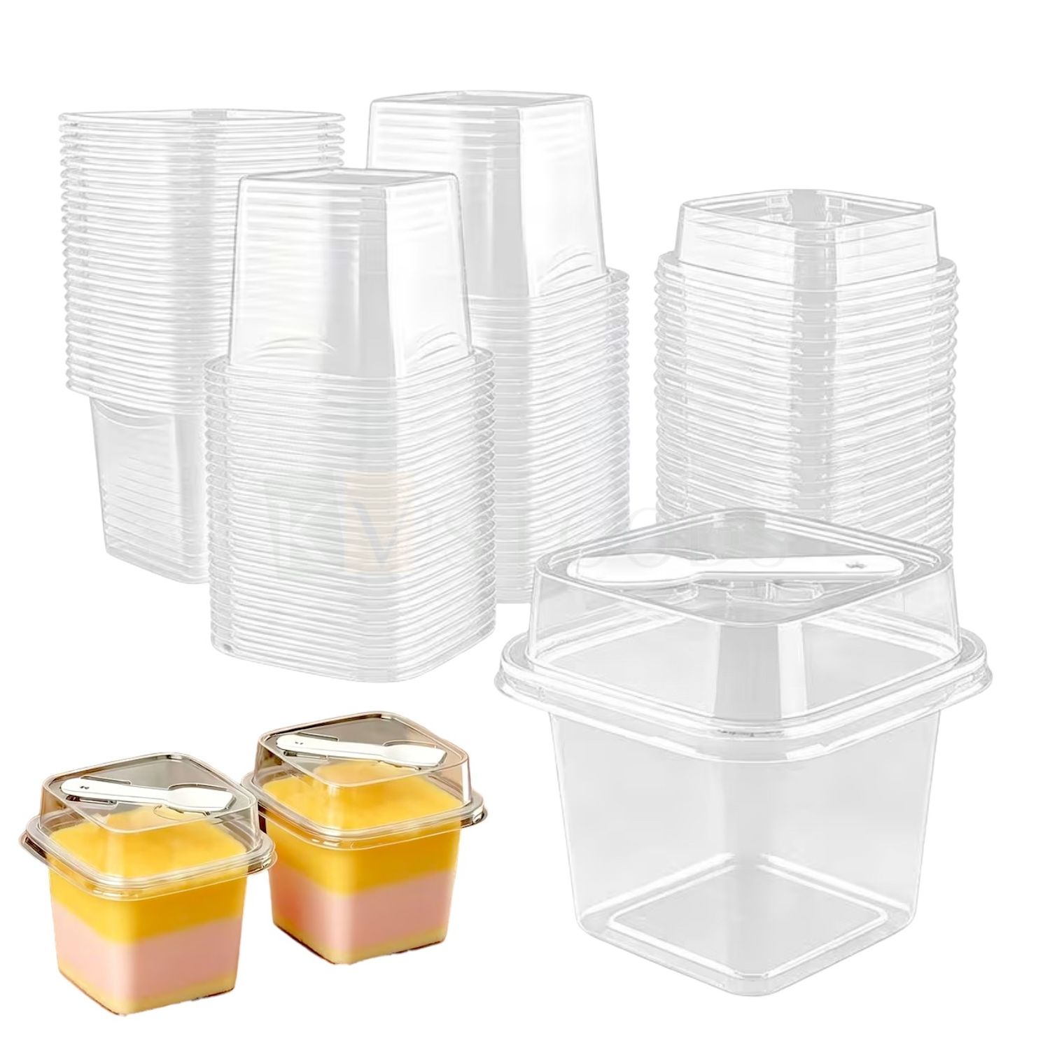10PCS (GY-10-8) Size 2.7 x 2.7 Inches, Height 3.8 Inch Capacity ~8Oz/240 ML Transparent Plastic Square Cup with Lid and Spoon, Tiramisu Food Container Chocolate Mousse Pudding Candy Cookies Short Cake