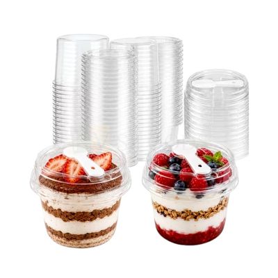 10PCS (GY-250) Diameter 2.6 Inches, Height 3 Inch Capacity ~5Oz/150 ML Transparent Plastic Round Cup with Lid and Spoon, Tiramisu Food Container Chocolate Mousse Pudding Candy Cookies Short Cake