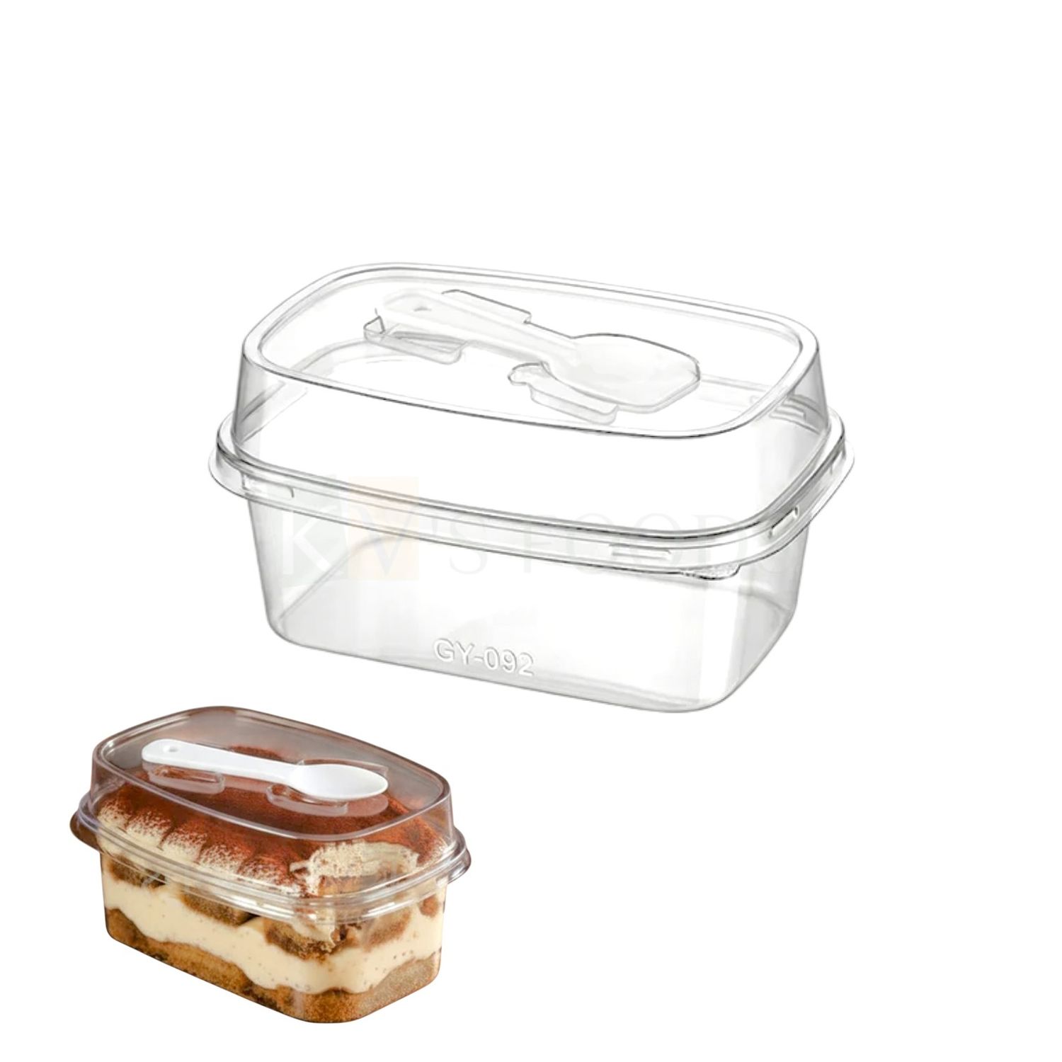10PCS (GY-092) Size 4.4 x 2.5 Inches, Height 2.7 Inch Capacity ~7Oz/220 ML Transparent Plastic Rectangle Container with Lid &amp; Spoon Tiramisu, Dessert Chocolate Mousse Pudding Candy Cookies Short Cakes