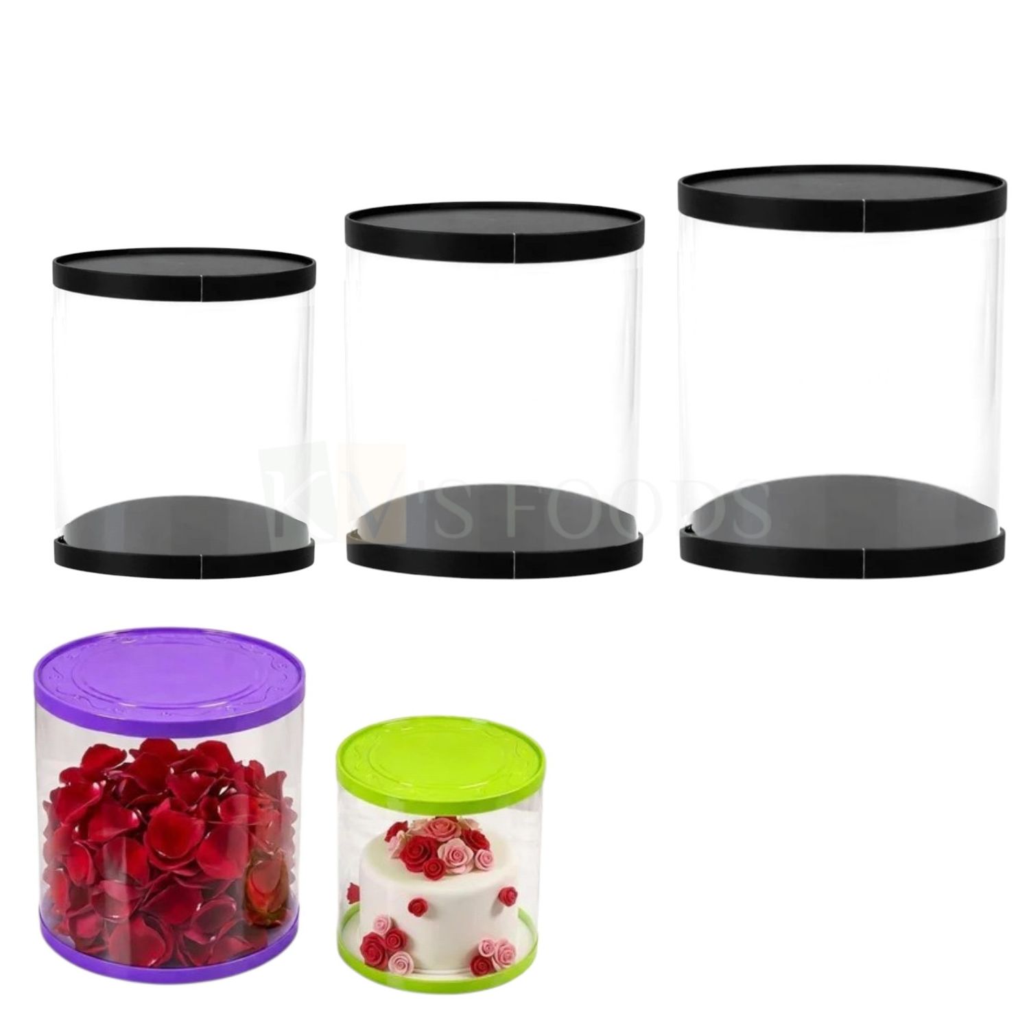 8/10/12 Inch Transparent Round Cake Box with Black Lower and Upper Lids, Surprise Pinata Hamper Box, Trending Pull Me Up Cake Box, Display Showcase Bakery Accessories, Clear Packaging For Tall Cakes