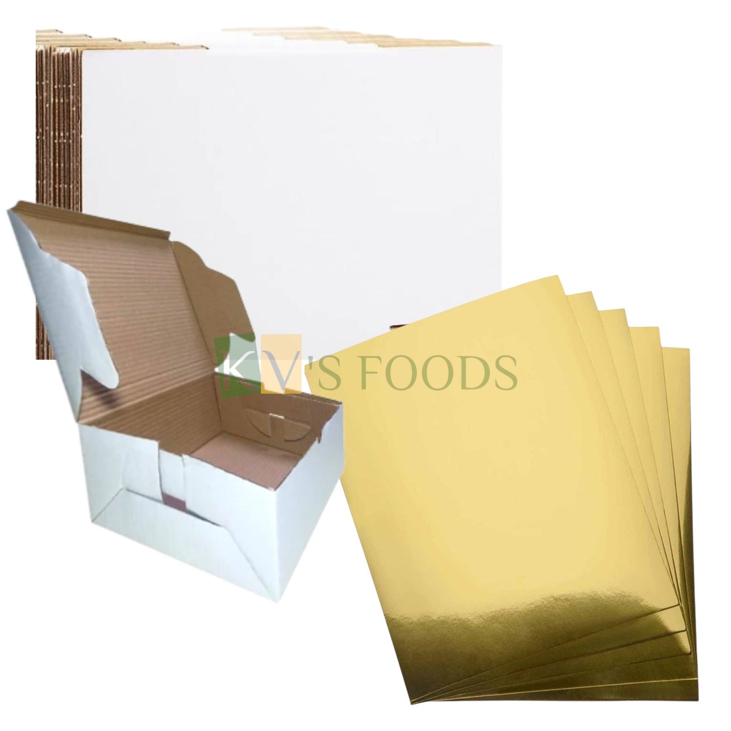 Set 5 Base and 5 Boxes, total 10 Pcs Rectangular Golden MDF Base and Corrugated White Box Set in  12X16X5 Inches, 14X20X5 Inches, 18X23X5 inches