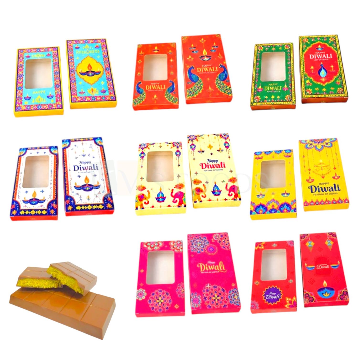 Set of 10 PCS Multipurpose Happy Diwali Kunafa Chocolate Bar Box with Transparent Window Printed Design, Size - 6.5x3.5x1 Inch for Bar Chocolates, Sweets/Mithai, Festival Folding Sliding Hamper Boxes