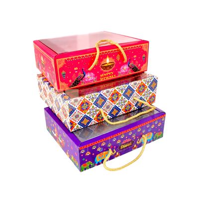 Set of 10 Pcs Happy Diwali Printed Design Multipurpose Chocolate Hamper Box with Transparent Lid, Box Size 9x7x3 Inch, Premium Festival Gifts Hamper Bags with Clear Lid and Golden Rope Handle