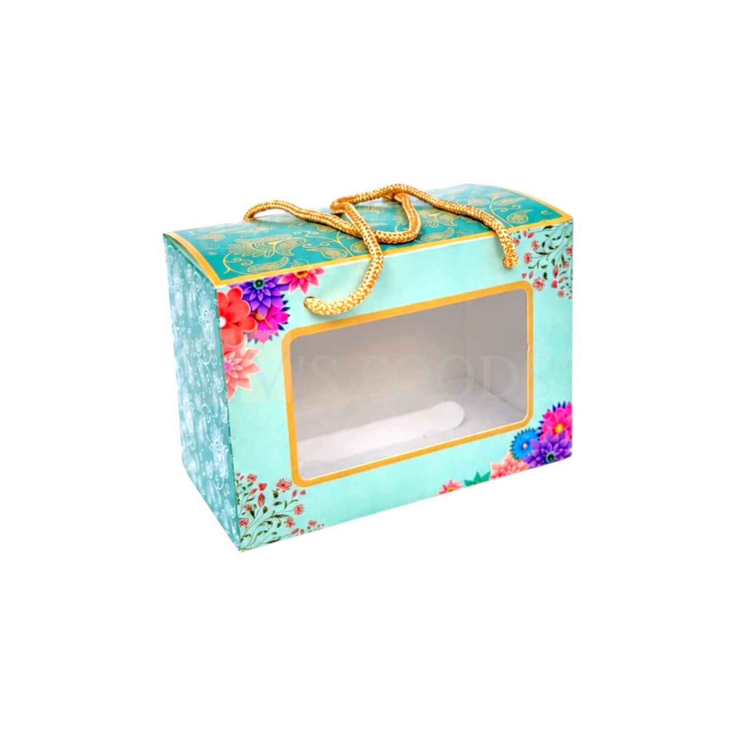 Set of 10 PCS Rectangle Pista Colour Multipurpose Floral Designs Festival Jar Hamper Box, Paper Bag, Transparent Window, Size 7x4x5 Inch for Chocolates, Premium Gifts Bags with Golden Rope Handle